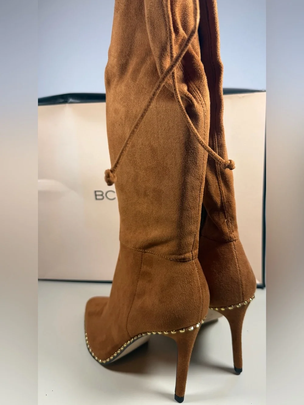 BCBGeneration Tan Suede Over-the-Knee Stiletto Boots